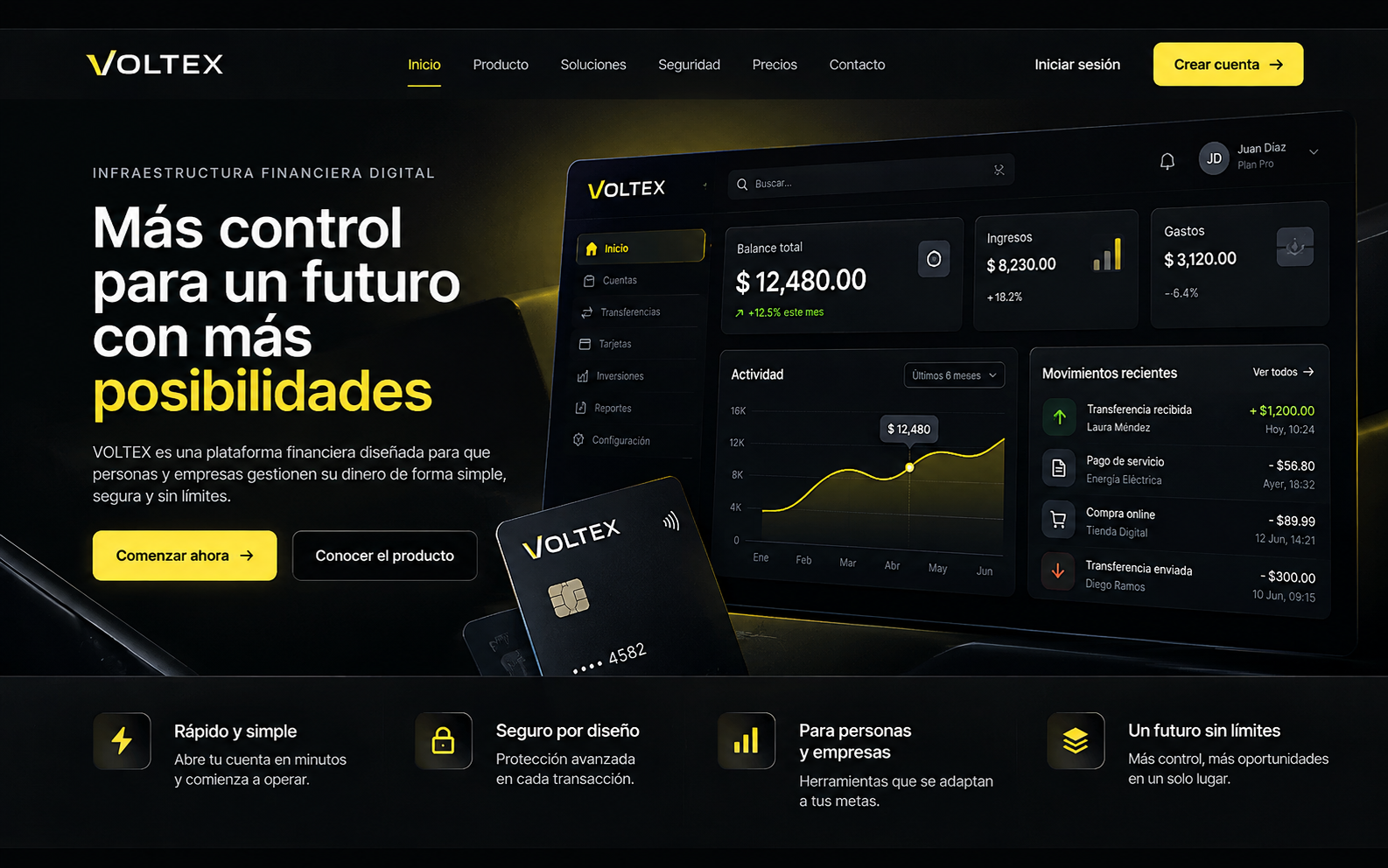 Vista conceptual de la Landing Page Premium VOLTEX diseñada por NEXORA Digital